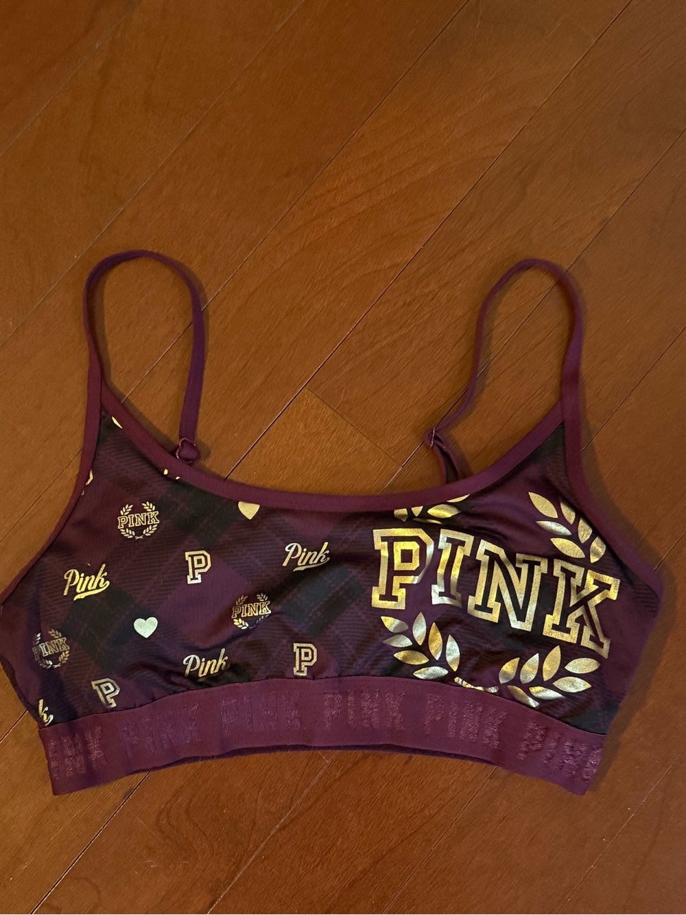 PINK Victoria's Secret Burgundy Sports Bralette with Gold Accents